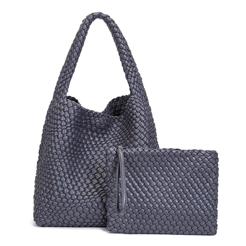 Brand New Gray Leather Woven Tote Bag with pouch